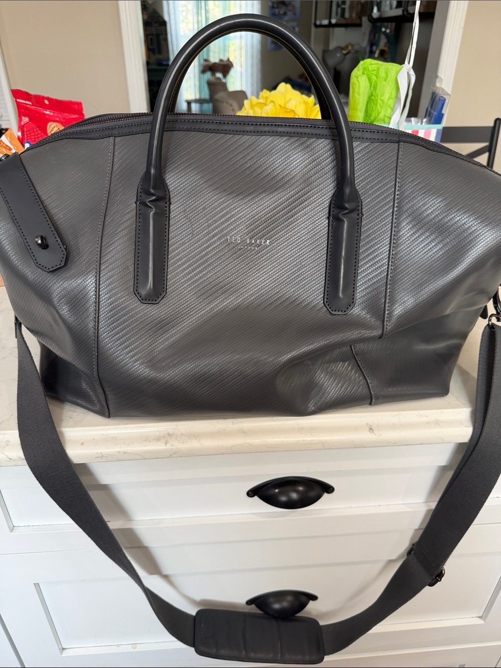 Ted Baker Charcoal Gray Textured Duffel with Shoulder Strap